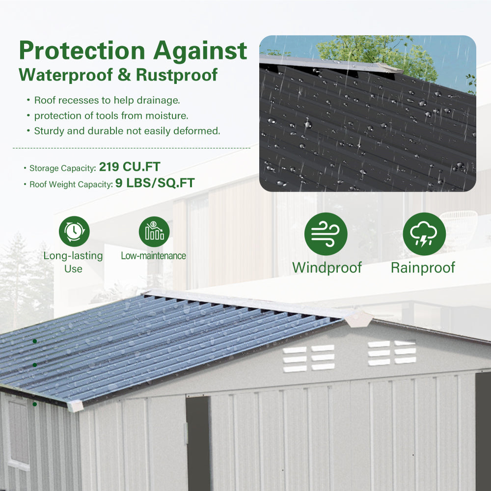 8X6 FT Metal Outdoor Storage Shed, Tool Shed with Pitched Roof Waterproof with Side Window and Lockable Door, Metal Tool Shed for Garden Tool Storage, Everyday Sundries and Bike Storage, White + Gray