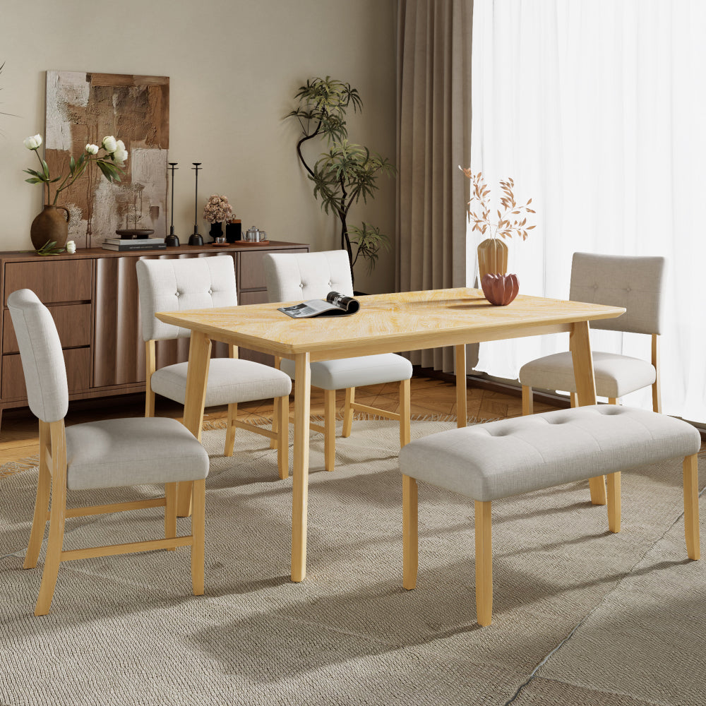 6 Piece Dining Room Table Set, Rustic Farmhouse Dining Room Rectangular Table with 4 Upholstered Chairs and Bench, Solid Wood Kitchen Dining Table Set for 6 Persons (Easy Assembly, Natural Wood Wash)