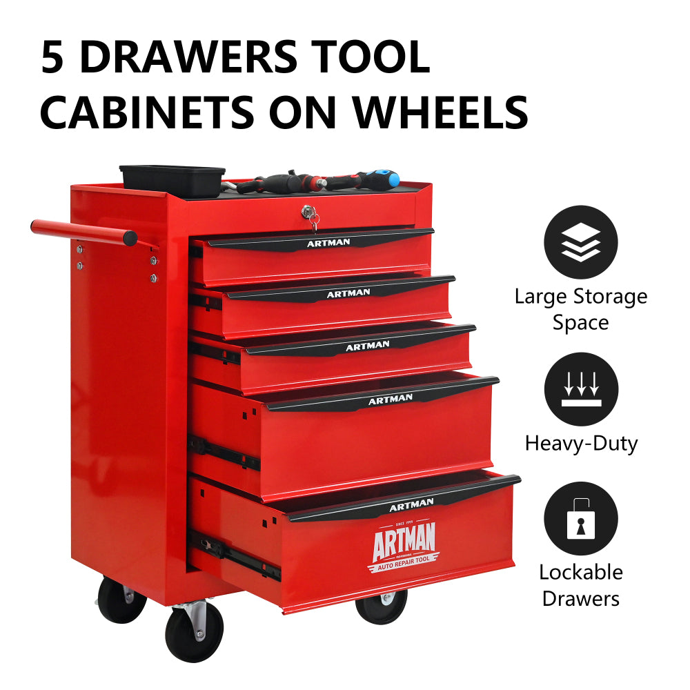 Rolling Metal Tool Chest with 5 Drawers, 20" 5-Drawer Tool Chest Cabinet with Ball Bearing Drawer Slides, Steel Tool Storage Box Organizer -Red&Black