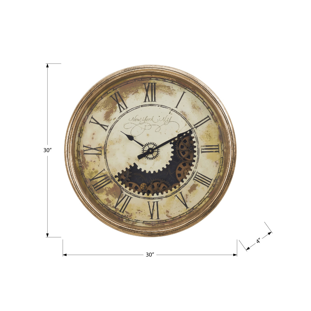 Clocks, 30" Round, Gear Mechanism, Large Oversized, Wall Clock, Antique Gold, Transitional