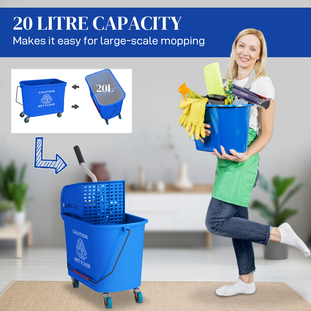 HOMCOM Mop Bucket with Wringer on Wheels for Floor Cleaning, 21 Quart, Separate Dirty and Clean Water, Blue