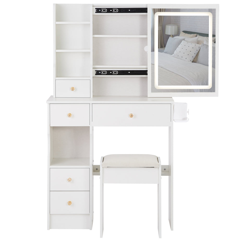 29.2" Small Size Left Drawer Desktop Vanity Table + Cushioned Stool, 2 AC+2 USB Power Station, Hair dryer bracket, Extra Large Touch Control Sliding LED Mirror, Tri-color Switching, Brightness Adjust