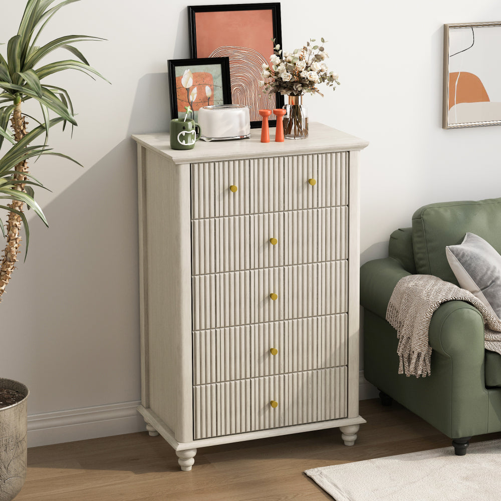 Fluted Nightstand, 21.65" Wide Side Table with 3 Drawers, Mid Century Modern Wood NightStand with Metal Handle, Wooden Bedside End Table for Bedroom, Living Room, Closet, Beige