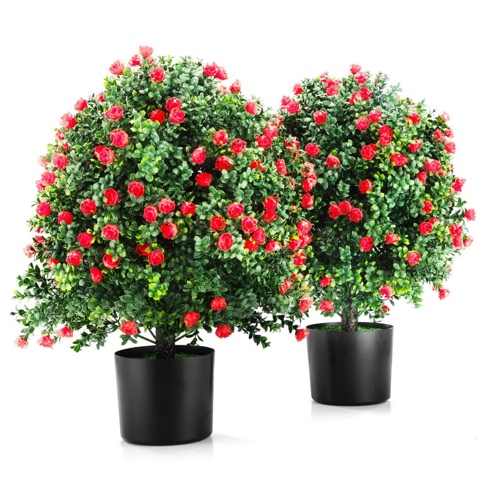 2-Pack 21.6" Tall Artificial Rose Topiary Ball Tree, Planter Bushes UV Resistant Look Real for Indoor Outdoor Home Garden ,Red