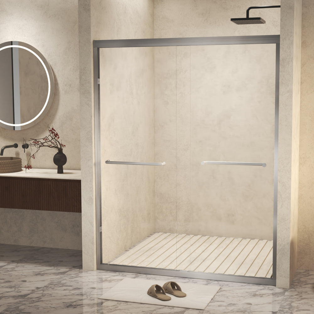 56-60 " x 72" Tempered Glass with Explosion Proof Film, Aluminum Frame Double Sliding Shower Door, "1/4 (6 mm), Stainless Steel handle,Brushed Nickel
