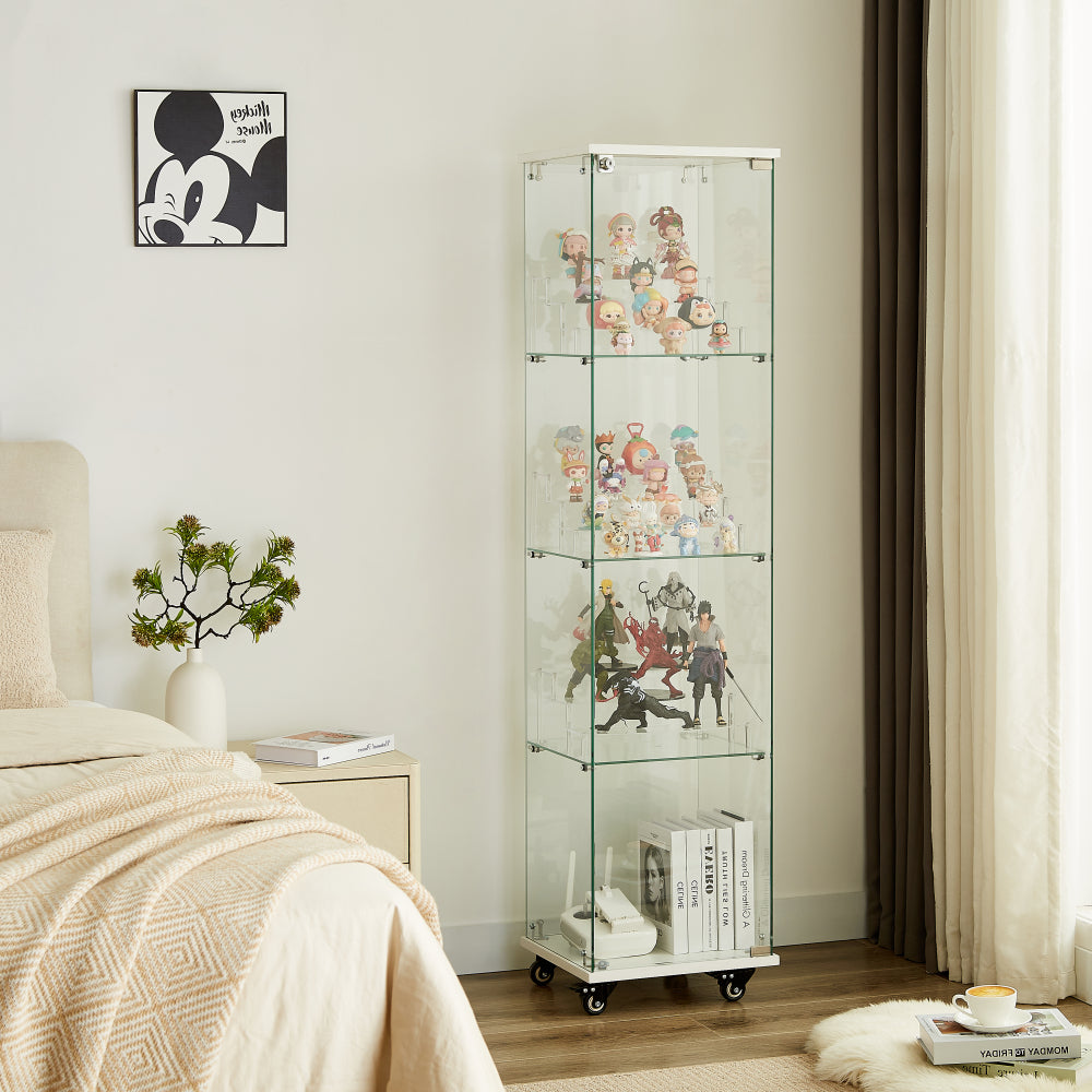 4 Tier Glass Display Cabinet, Single Door Glass Cabinet with Lock and Wheels, Floor Standing Storage Cabinet with 3 Acrylic Shelves for Living Room, Bedroom and Office, White, 15.8"L x 14.2"W x 65.1"H