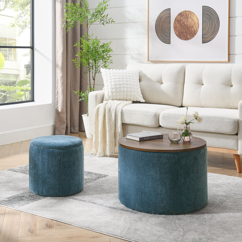 2-Piece Set Round Chenille Storage Ottoman, Equipped with a Drum Shaped Small Stool, Storage Space, and MDF Made Desktop Panel (Beige 23.62"x23.62"x16.53")