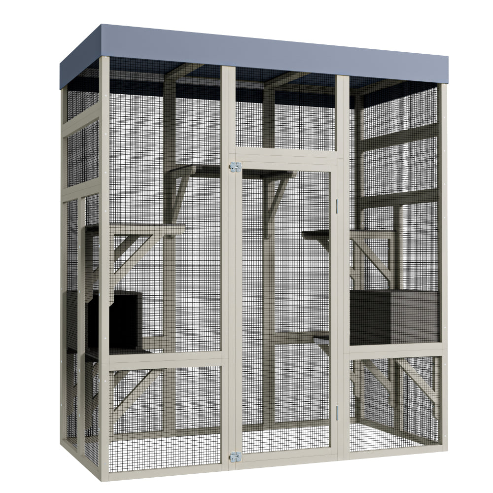 62.6" Outdoor Wooden Catio for Cats, Large Cat Enclosure with Waterproof Roof, 2 Cat Houses & Platforms, Secure Rust-Proof Wire Pet Cage for Patio or Backyard