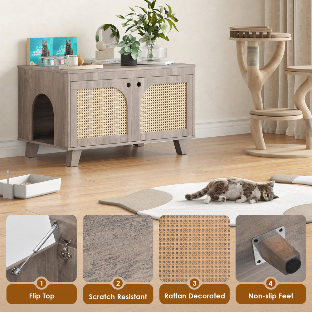 Flip Top Hidden Cat Litter Box Enclosure Furniture Cabinet with Rattan Decorated Doors for Your Home, Two Entrances