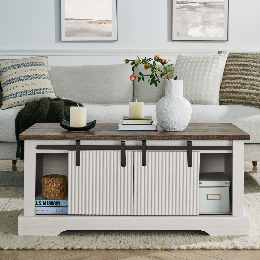 41.3 Inch Coffee Table with Storage and Sliding Wood Door, Farmhouse and Industrial Cocktail Table with Adjustable Shelves, Rectangular Rustic Living Room Table for Living Room Meeting Room