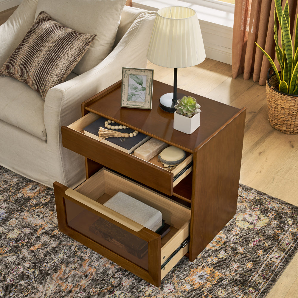 Mid Century Modern Nightstand with Charging Station & Outlet Hole & 2 Drawers, Farmhouse End Table with Open Shelf & Glass Drawer Dresser, Side Cabinet for Living Room Reception Room Dorm, Dark Walnut