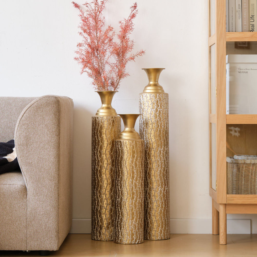 Metal decorative vases High distress metal center vases with growing vine patterns, set of 3 vases for home decoration 34 ", 29 ", 25 "H, gold
