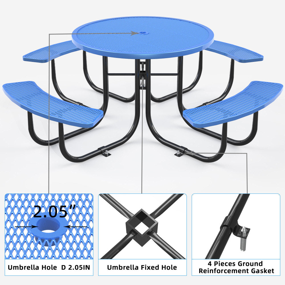 Round Outdoor Steel Picnic Table 46" with umbrella hole,Blue