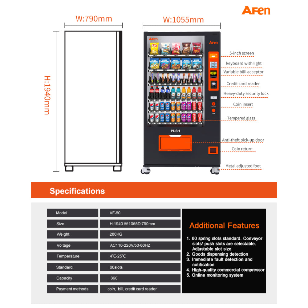 Snack & Drink Vending Machine with Credit Card Reader, Refrigerated Commercial Vending Machine, 60 Slots
