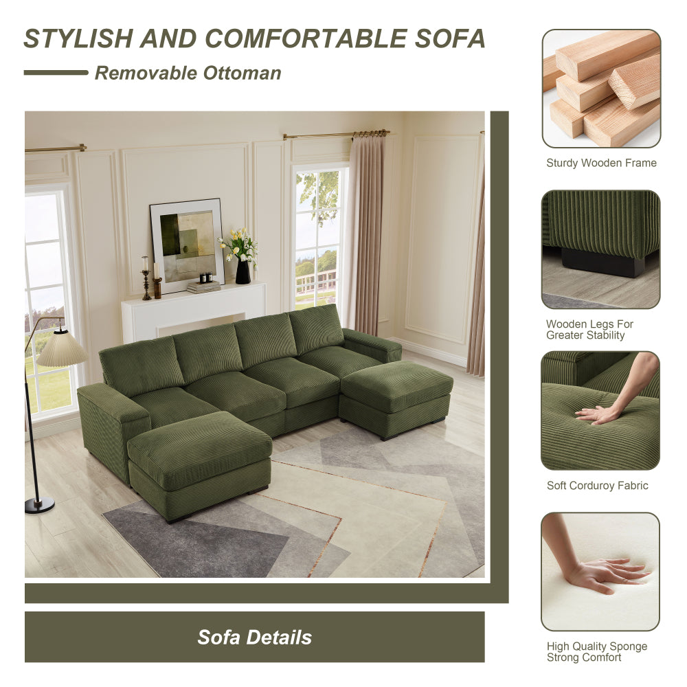Sectional Sofa Deep Seat Sofa Couch with Ottomans, Corduroy Sofa Sleeper Comfy Upholstered Furniture for Living Room, Apartment, Office, (4-Seat & 2-Ottoman, Dark Green)