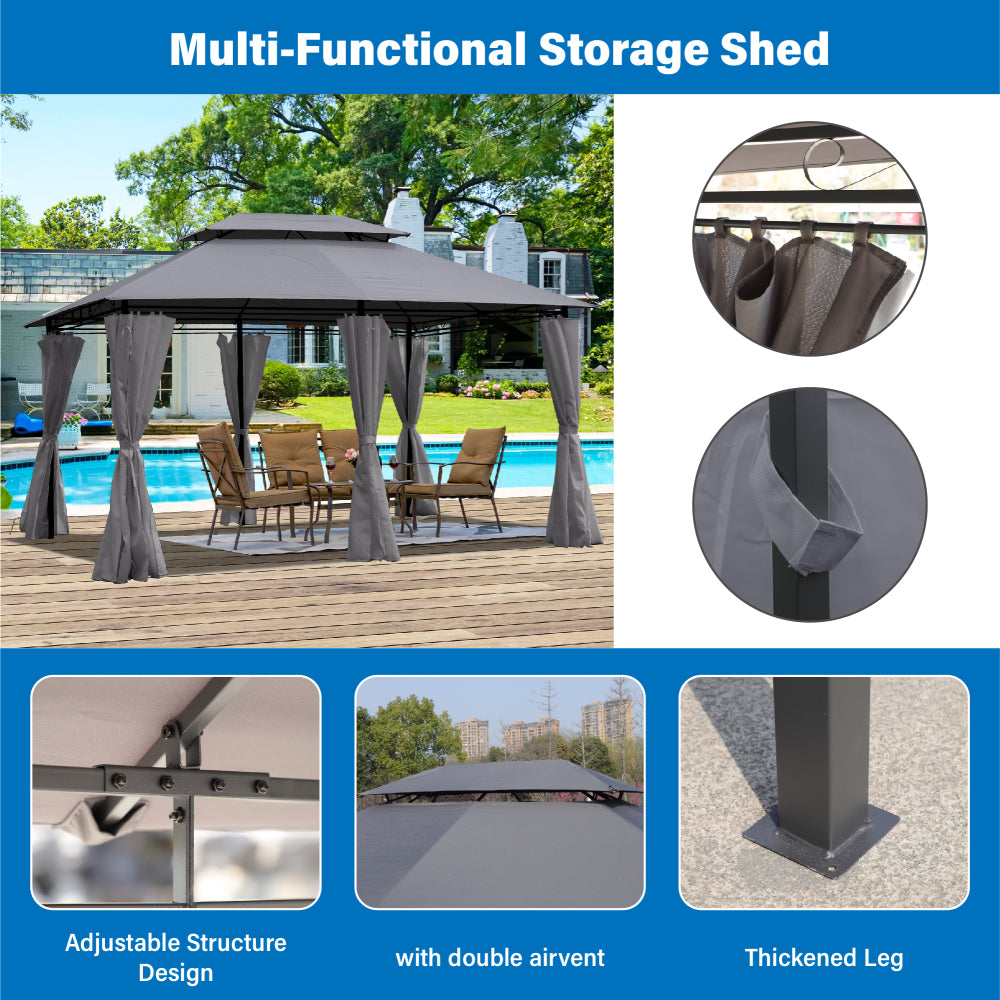 13x10 Outdoor Patio Gazebo Canopy Tent With Ventilated Double Roof And SideWall(Detachable Curtain Included On All Sides),Suitable for Lawn, Garden, Backyard and Deck,GREY
