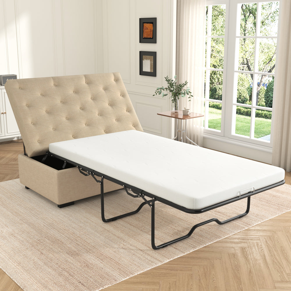 Folding Sofa Bed, 49.6" Ottoman with a Folding Sofa Bed, Convertible Ottoman Sleeper with Memory Mattress and Tufted Design for Living Room, Gray