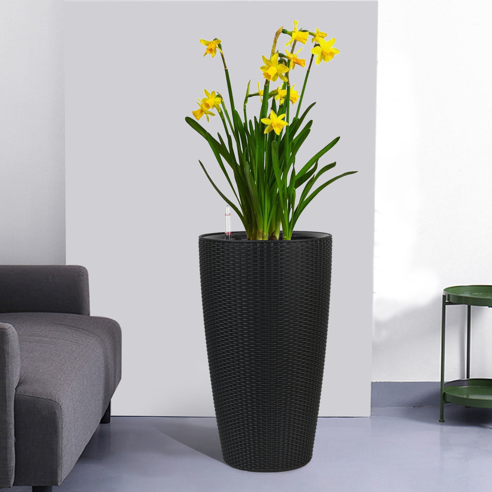 Set of 2 Faux Rattan Tall Planters Outdoor Indoor Large Planters with Water Level Monitor Inner Bucket, Automatic Watering, Flower Plant Pots for Garden, Patio, Porch, Backyard (White, 22 inch )