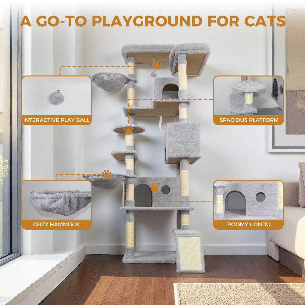84 in light gray cat tree tower with large condo  sisal scratching post big hammock and top platform