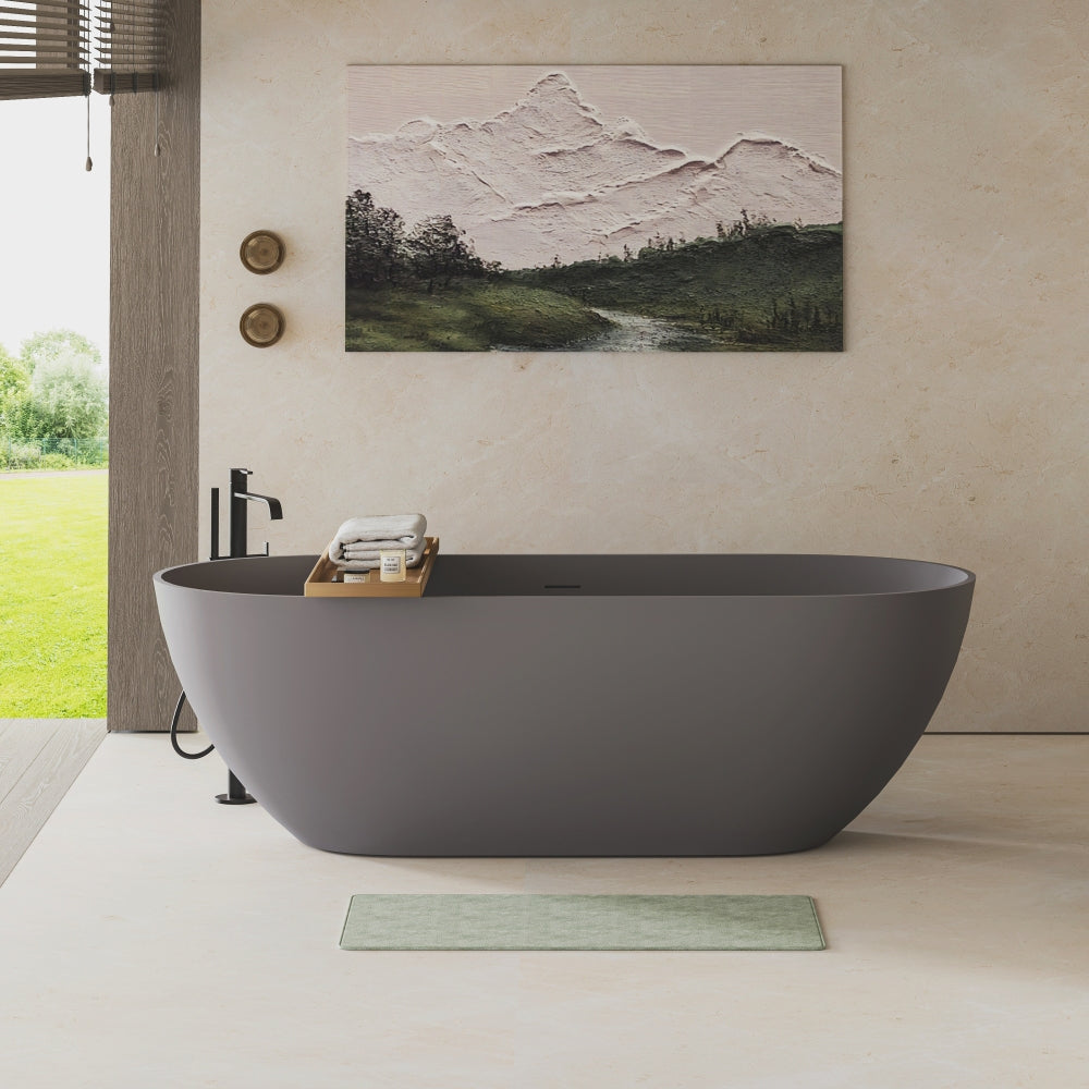 63" Luxury Engineered Solid Surface Bathtub, Stone Resin Freestanding Soaking Bathtub with Overflow and Pop-up Drain for Contemporary Bathroom, Matte Grey 23S03-63MG