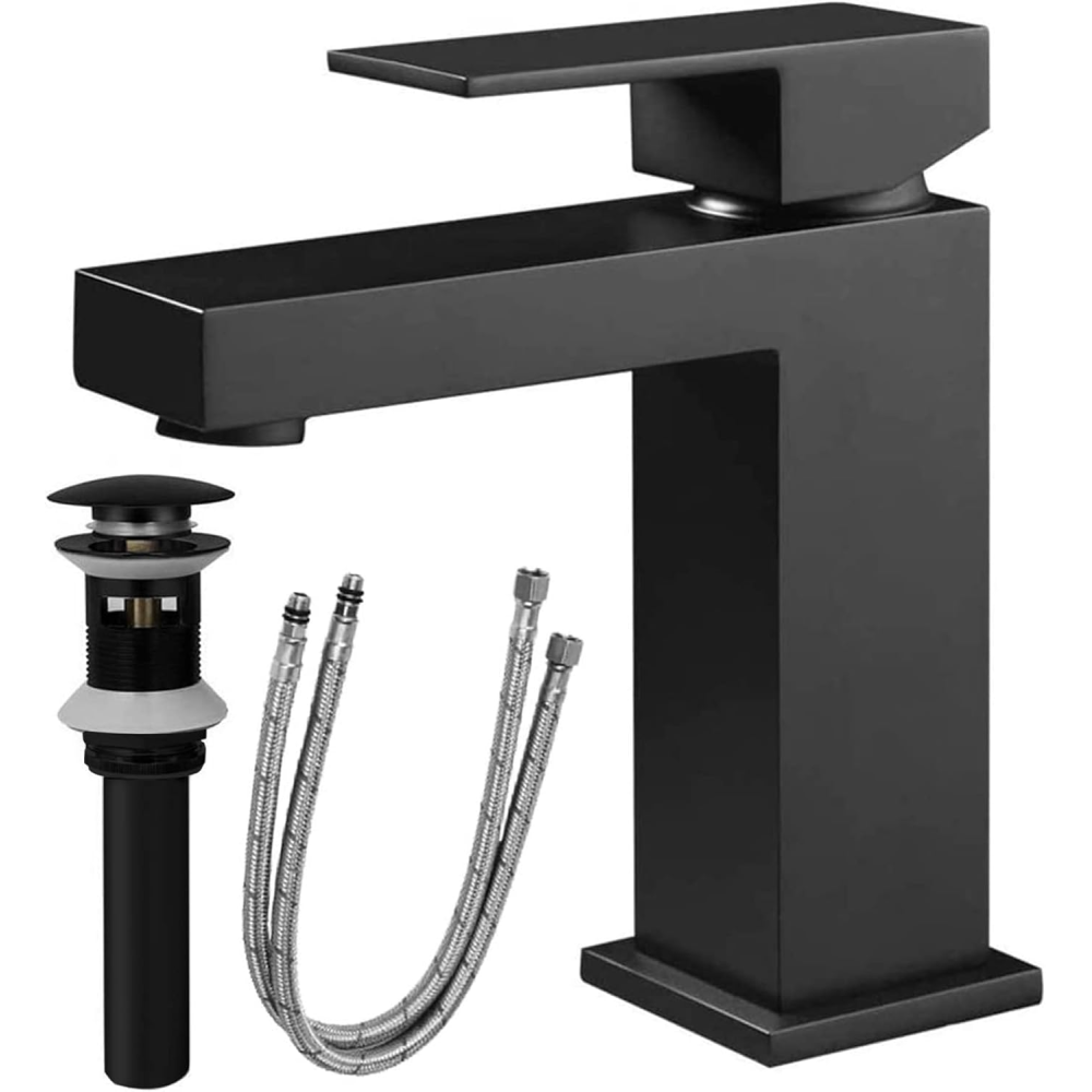 Single Handle Bathroom Faucet, Matte Black Single Hole Bathroom Faucet, Solid Brass Modern Bathroom Sink Faucet Basin Vanity Square Bathroom Faucet with Pop-up Drain & Water Supply Hoses
