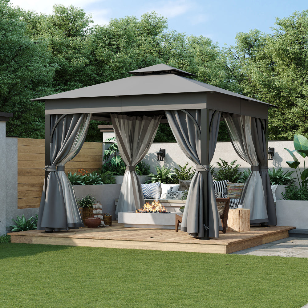 TREXM 10x10 Outdoor Gazebo Tent with Double Roofs, Patio Gazebo with Mosquito Netting and Privacy Screens, Patio Canopy for Shade and Rain for Backyard, Garden, Lawn and Deck (Grey)