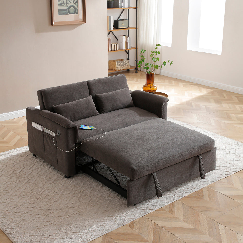 55" Velvet Two Seater Pull Out Sofa Bed, Adjustable Backrest With  USB Ports, Two Side Pockets, 3 in 1 Convertible Sleeper Sofa Bed, Modern Love Seat Lounge,2 waist pillows for living rooms,GREY