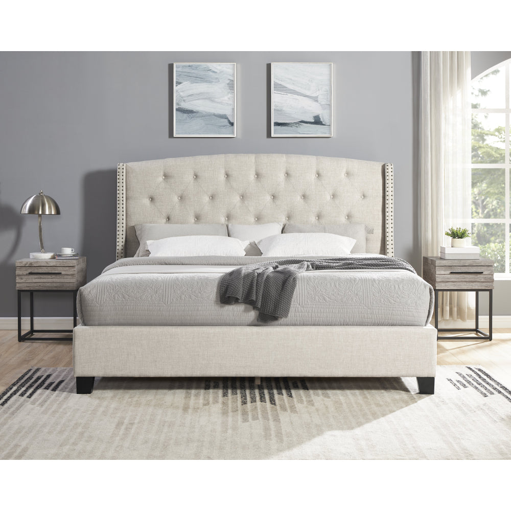 Astral 3-Piece Upholstered Bedroom Set, Tufted Wingback Bed with Two Gray Nightstands