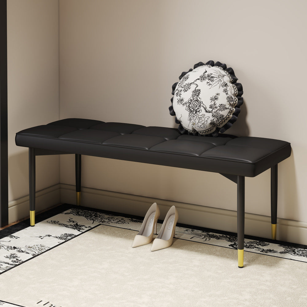 47*16 Inch Multifunctional Black Shoe Bench - Faux PU Cushion, Sturdy Metal Legs With Gold Accents.Suitable For Bedroom,Fitting room, Storage room, Dining room, and Living room,etc.