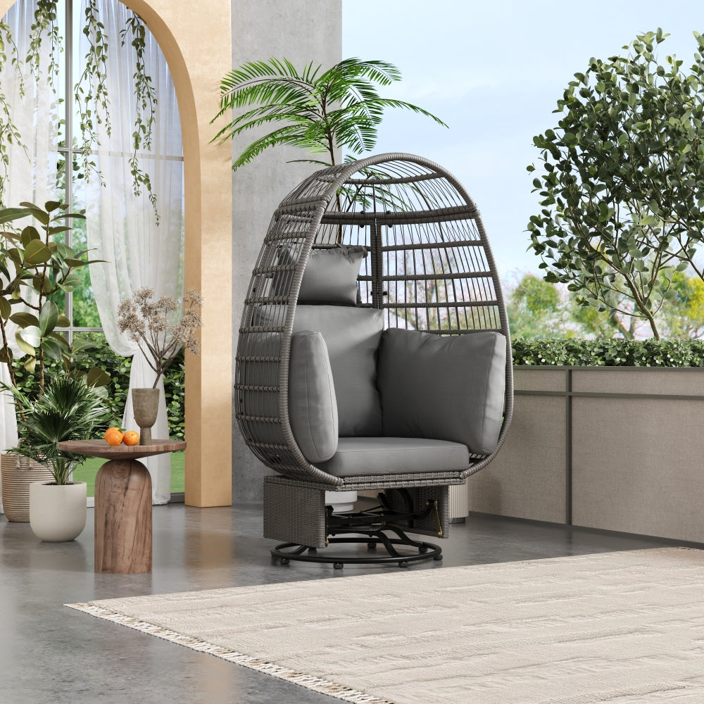 TREXM Outdoor Swivel Chair with Cushions, Rattan Egg Patio Chair with Rocking Function for Balcony, Poolside and Garden (Natural Wicker + Beige Cushion)
