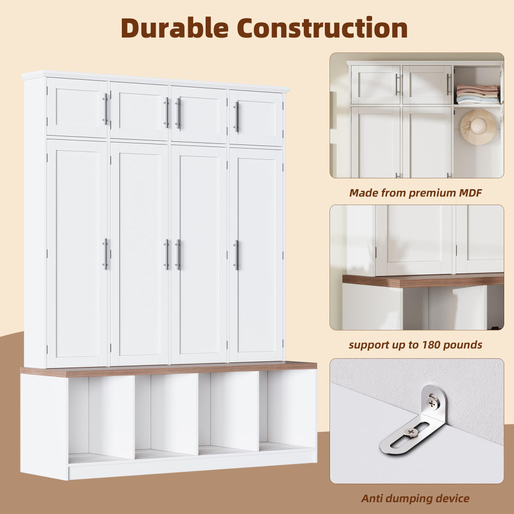 [Assembly Video Provided] ON-TREND Farmhouse Hall Tree with 4 Hidden Hanging Hooks, Versatile Walnut Seating Bench with 8 Doors, Entryway Shoe Cabinet with Open Compartments for Living Room,  White