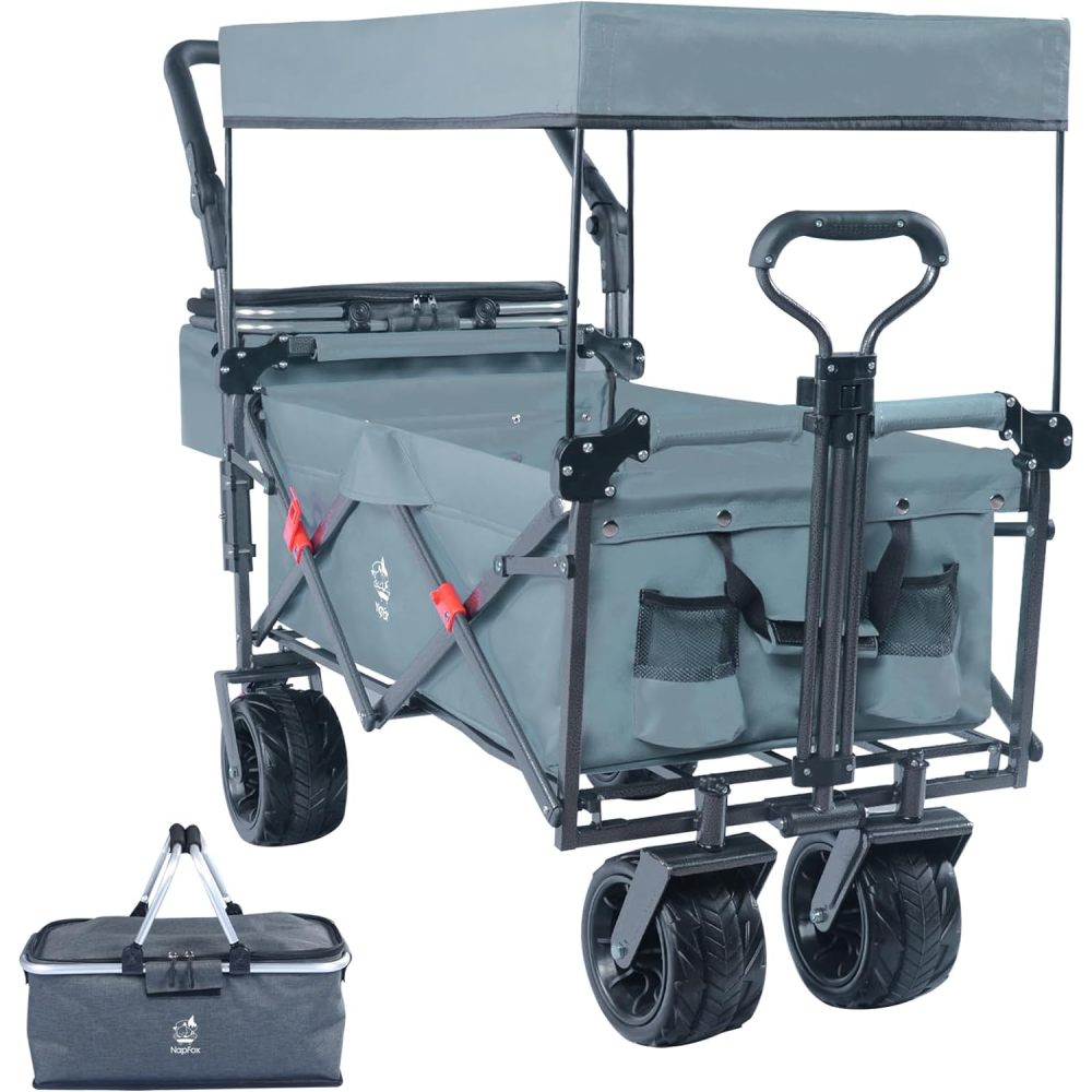 Collapsible Wagon 140L Wagons Carts Foldable with Removable Canopy, Folding Wagon Cart with Wheels for All-Terrain with Brake, Foldable Wagon with Cooler Bag, for Camping Beach Shopping