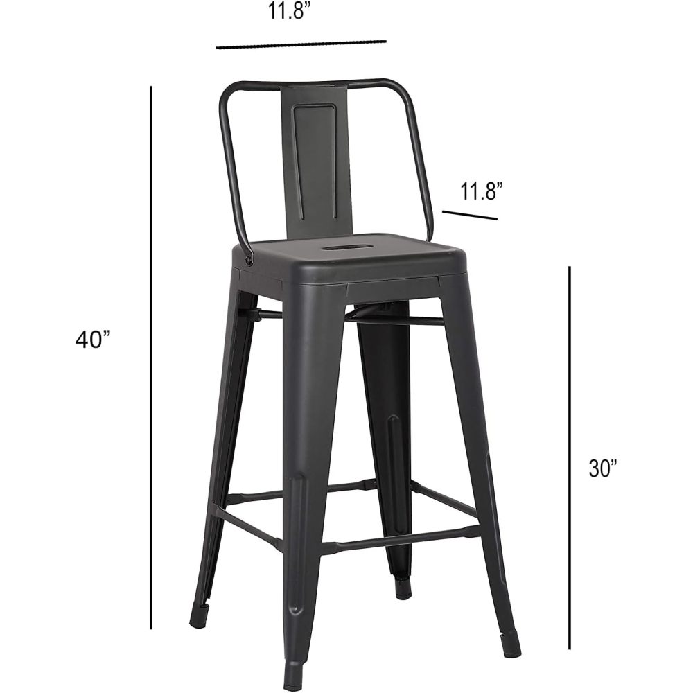 Modern Light Weight Industrial Contemporary Rustic Vintage Costal Metal Barstools with Bucket Back and 4 Leg Design, Seat Bar Stools (Set of 2) (30" Seat, Matte Black)