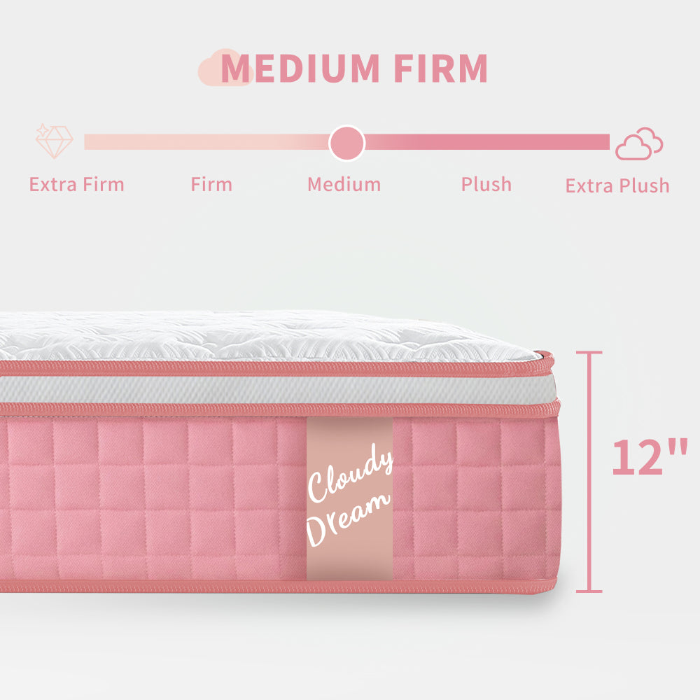 TWIN XL 12 Inch Hybrid Mattress Individual Pocket Spring Memory Foam Cool Knitted Cover CertiPUR-US Pink