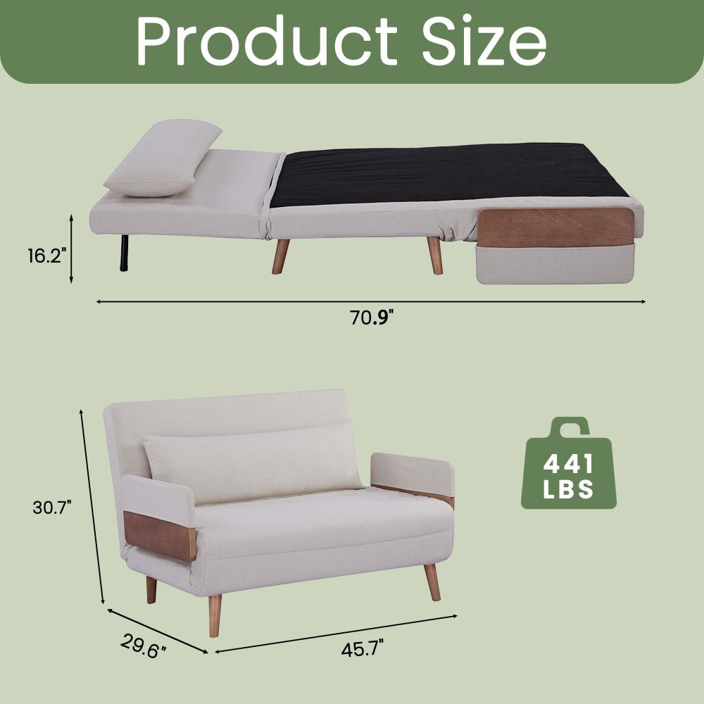 TRIO Extra Wide 3-in-1 Loveseat Folding Sofa Bed – Converts to Bed in 10s, 3-Position Adjustable Backrest, Premium Cotton Linen Fabric, Silent Hinges, Space-Saving Beige Sleeper for Small Apartment