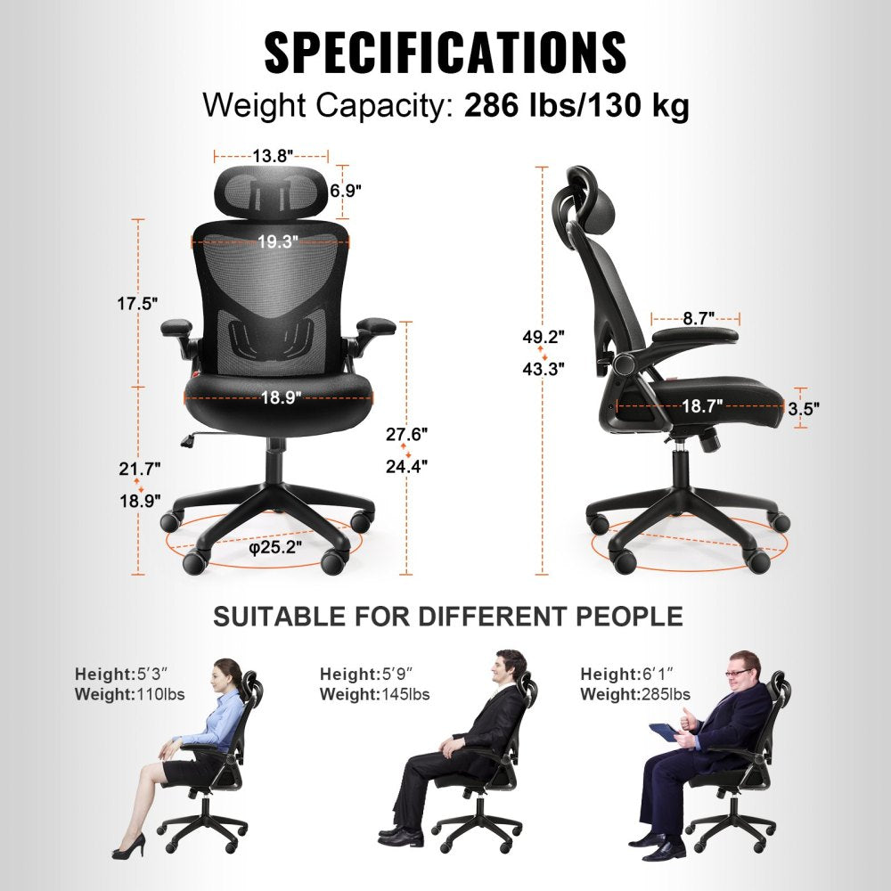 Office Chair with Adjustable Lumbar Support, High Back Ergonomic Desk Chair with Adjustable Headrest, Ergonomic Office Chair Backrest with 2D Armrest, Computer Chair for Home, Office