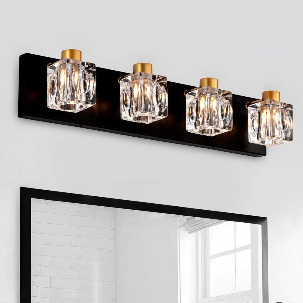 4-Light Matte Black + Gold Bathroom Light Fixtures, Modern Vanity Lights with Crystal Glass Shade, Vintage  Light Fixture Bathroom Over Mirror Wall Lights for Kitchen Dinning Room Bedroom Hallway