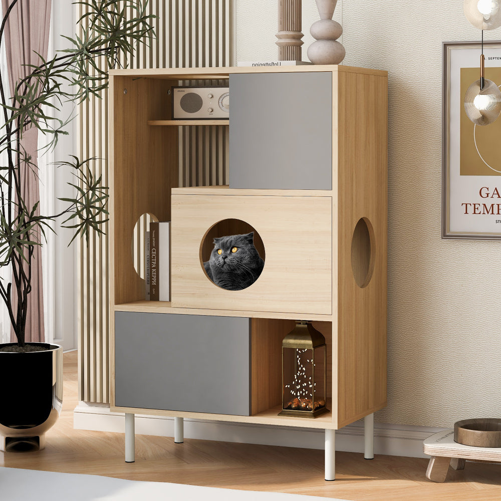 2 IN 1 Modern Cat Tree Bookshelf with Storage, Wood Bookcase with Litter Box Enclosure, Cat Climbing Shelves with Hidden Storage