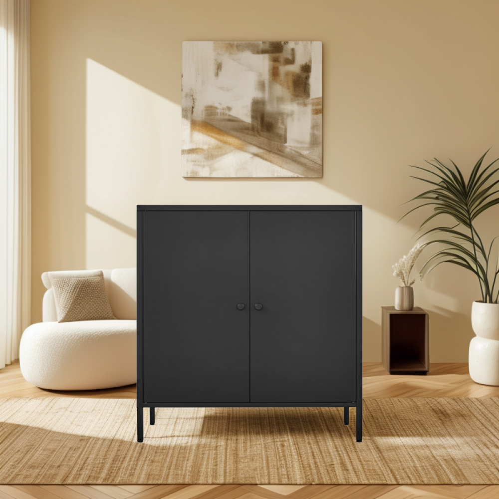 Steel Double-Door Metal Sideboard Buffet Cabinet with High Legs, Modern Minimalist Style, Combining Storage and Decorative Functions, Suitable for Kitchen, Dining Room or Living Room.