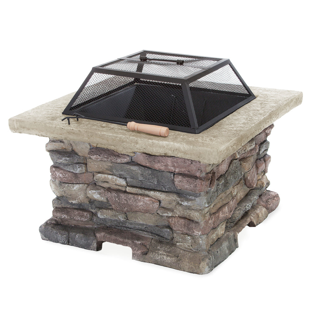 28" MGO Wood Burning Outdoor Fire Pit with Lid - Natural Stone