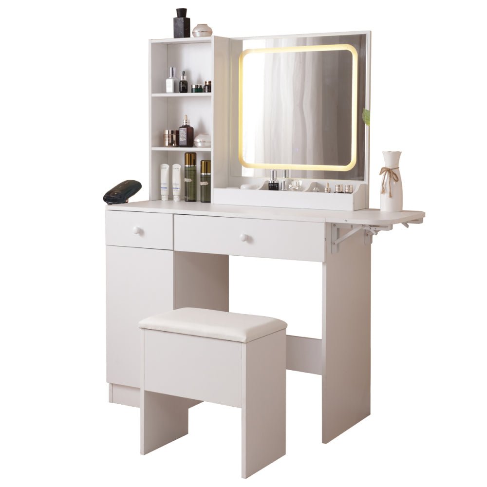 Vanity Desk with Lighted Mirror & Power Outlet, Makeup Vanity Desk with Drawers and Large Storage Cabinet  for Bedroom, 3 Lighting Modes Adjustable Brightness, Storage Stool, White