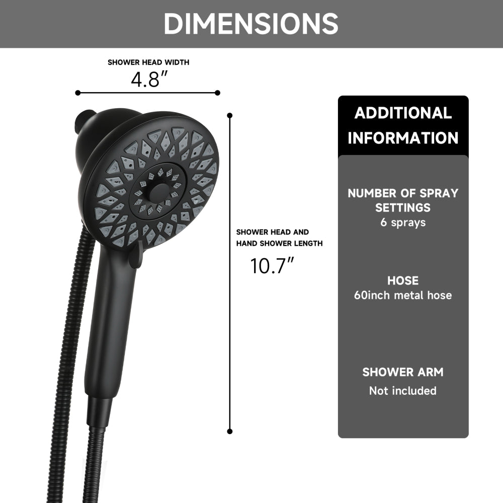 High Pressure Shower Heads 6 Spray Mode, Magnetic Shower Head for Bathroom, Matte Black Handheld Shower with 60 inch Stainless Steel Hose