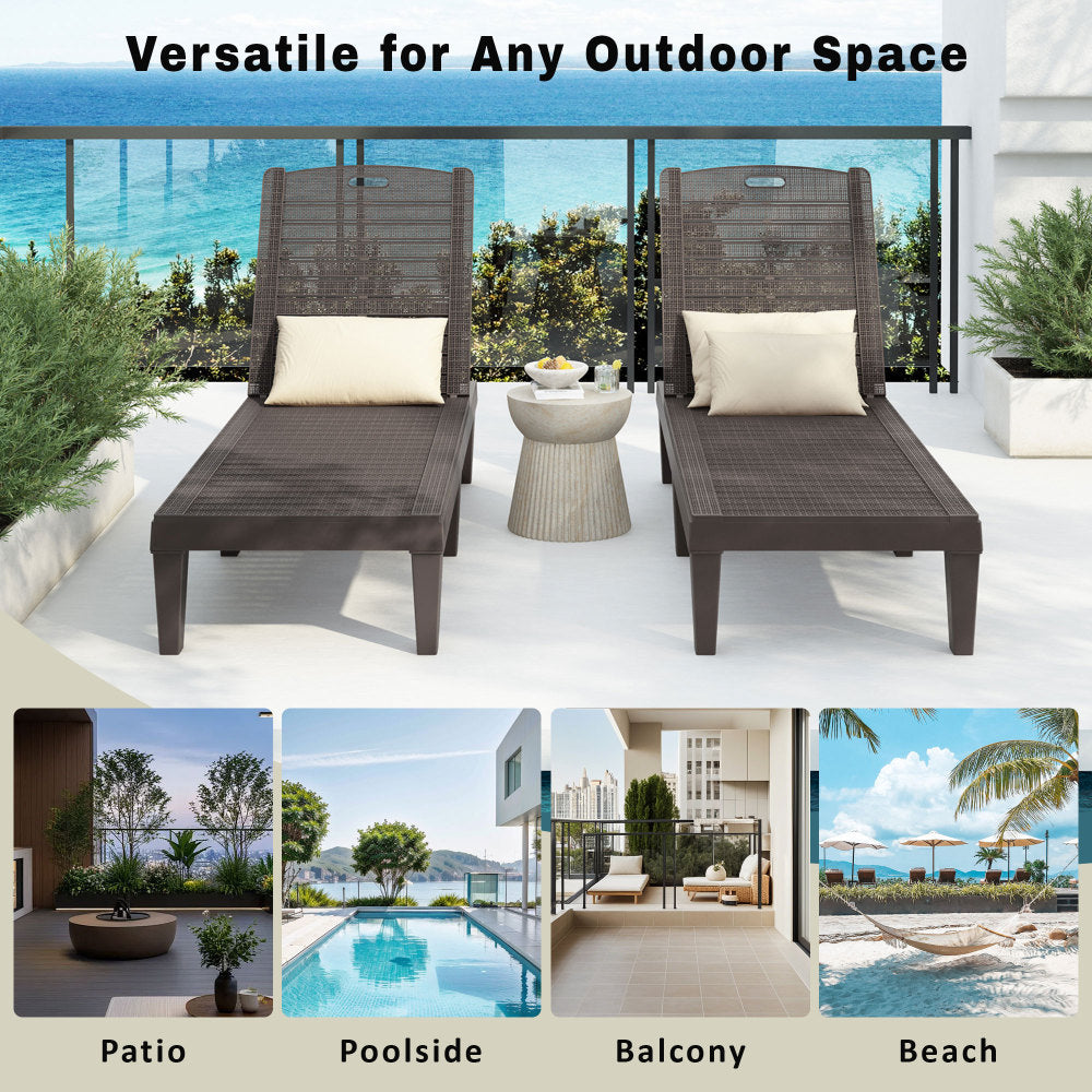 2-Piece Outdoor Chaise Lounges Resin Pool Lounge Chairs Outdoor Chaise Lounge Chair Set with Adjustable Backrest (Set of 2) for Patio, Poolside or Beach, Dark Brown
