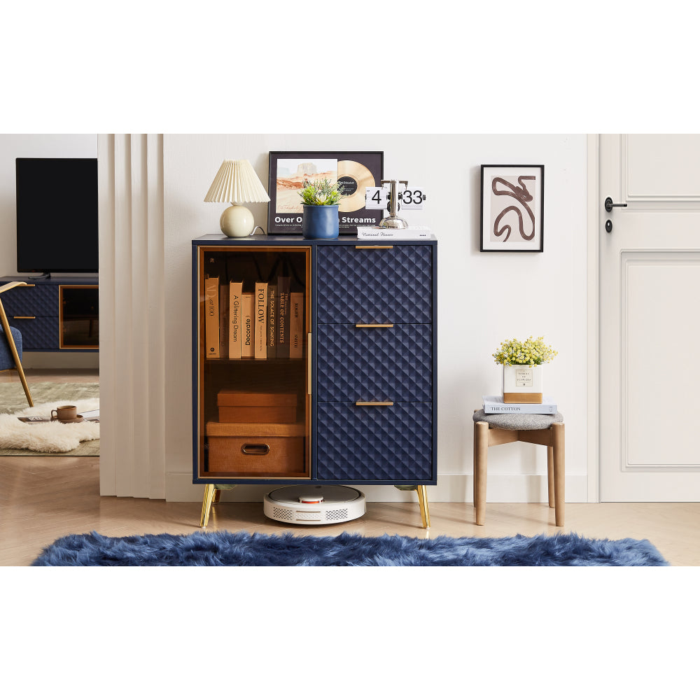 Deluxe Carved Modern Fashion Style Chest of Drawers with Aluminum Alloy Frame Tempered Glass Doors Three Drawer Chest with Metal Legs Adjustable Feet, Dark Blue,31.5"L x 15.7"W x 37.6"H