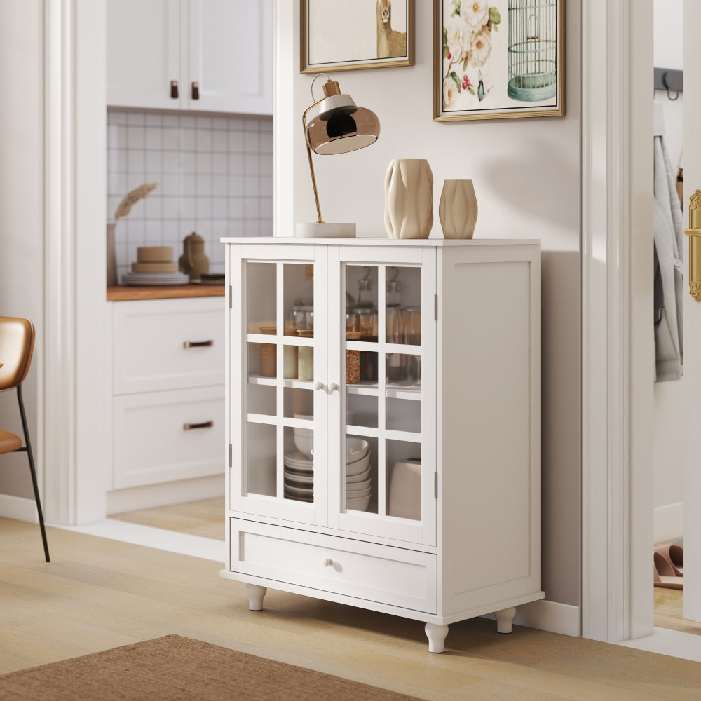 Minimalist White Buffet Cabinet with Double Glass Doors and Drawer, Modern Wooden Storage Sideboard Cupboard for Living room, Dining Room Hallway Entryway