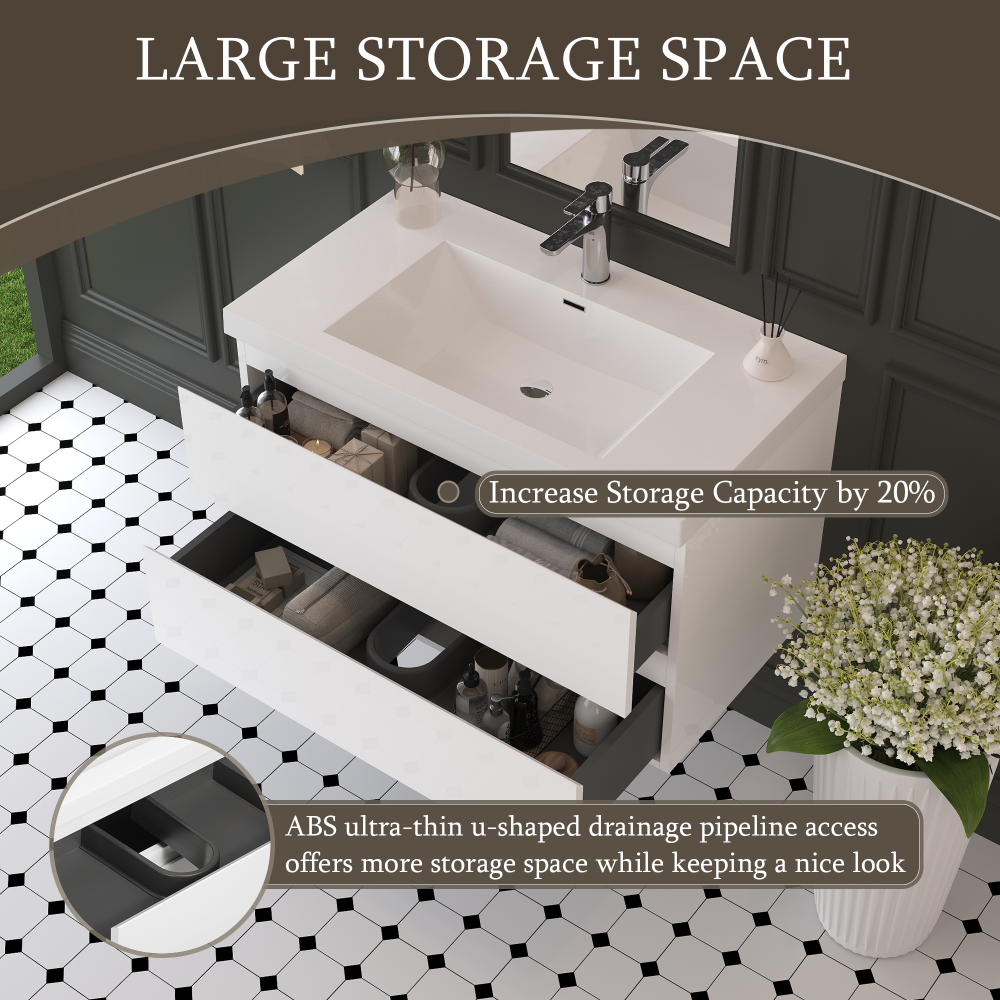 36" Floating Bathroom Vanity with Sink, Modern Wall-Mounted Bathroom Storage Vanity Cabinet with Resin Top Basin and Soft Close Drawers, Glossy White 24V11-36GW
