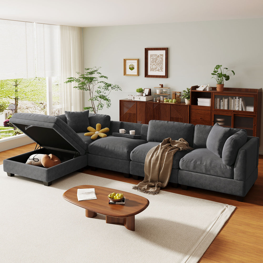 U-style Upholstered Modular Sofa with Removable Storage Ottoman, 2 hidden cup holders, Sectional sofa for Living Room Apartment(5-Seater) (OLD SKU:WY000371AAA)