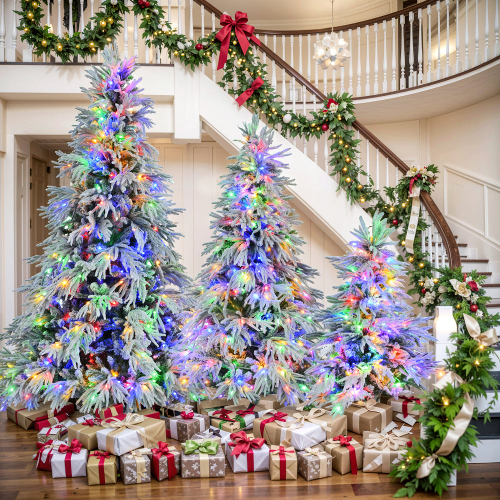Pre-Lit Spruce Snow Flocked Christmas Tree Set-4FT, 6FT, 7.5FT, Artificial Hinged Xmas Tree with 800 Warm-Yellow & Colorful LED Lights, 8 Flashing Modes, Holiday Office Home Décor