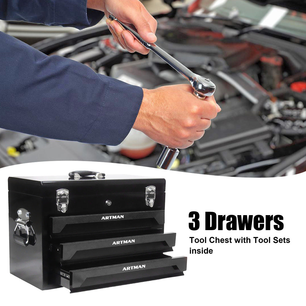 20'' Portable 3-Drawer Steel Toolbox, 4 Layers of Tools with Metal Latches, with Top Storage Tray and carrying Handle, Multi-Function Tool Storage for Garage, Home, or Workbench,Black