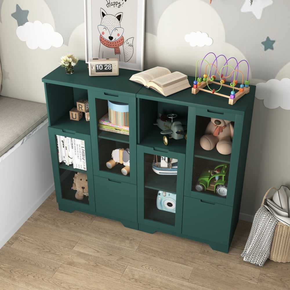 MDF painted Cabinet with Glass Doors and drawer, open storage space, Green ,Bedroom, Living room